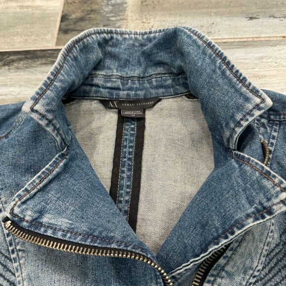 Armani A/X Denim Jacket, Black Cloth Sleeves, Zip Close Moto Fitted Denim Style - Picture 4 of 8